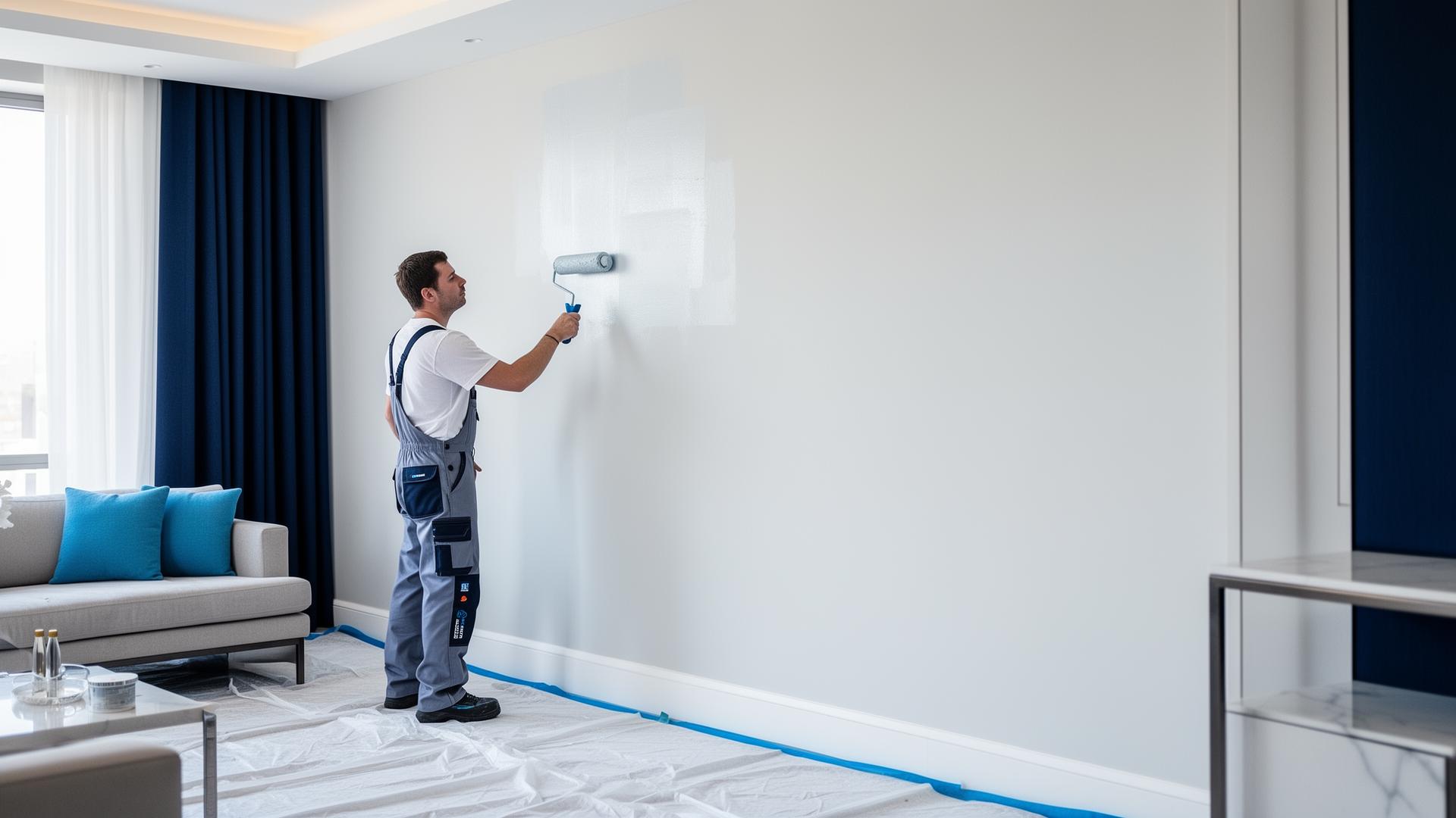 Professional decorator painting a modern living room
